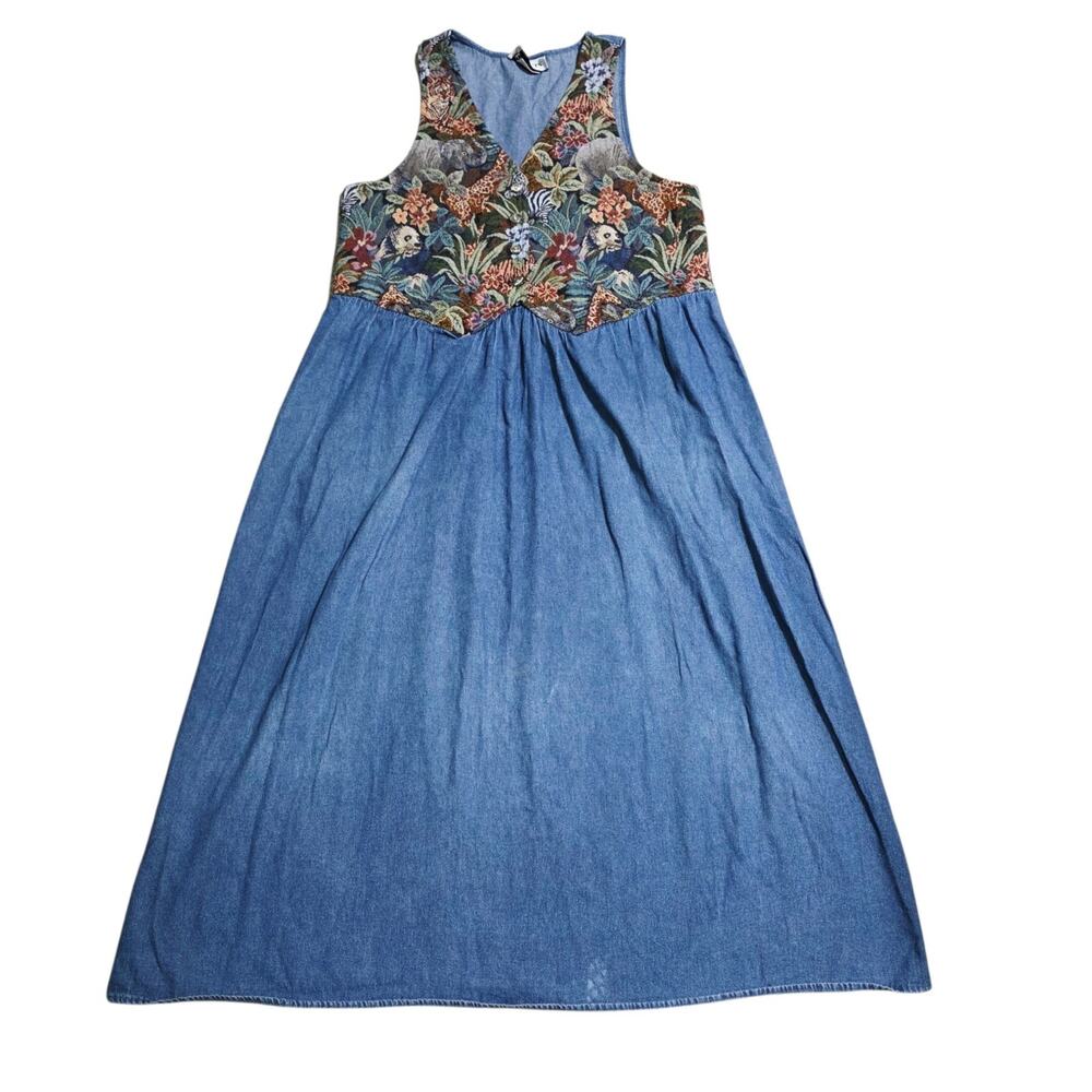 Facets by Mirrors Jungle Tapestry Denim Dress Women's Size 12 Sleeveless 90s